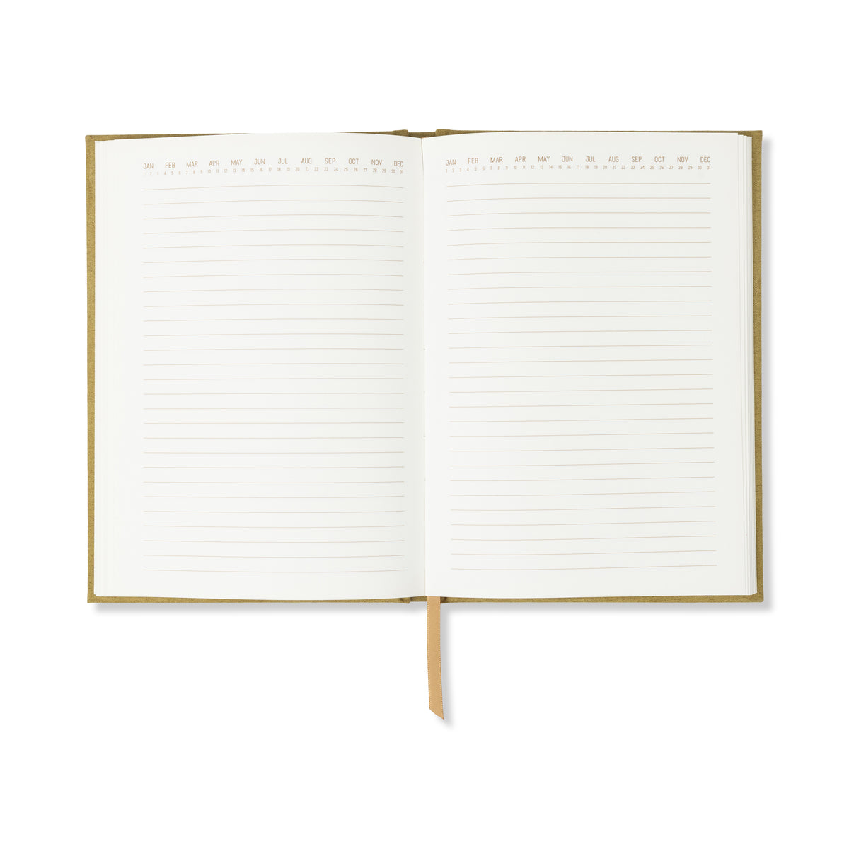 The Radiant Journal - Avocado is an eco-friendly, hardcover notebook with golden edges, open lined pages, a brown ribbon bookmark, lay-flat binding, horizontal lines, and printed dates at the top for easy organization.