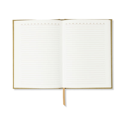 The Radiant Journal - Avocado is an eco-friendly, hardcover notebook with golden edges, open lined pages, a brown ribbon bookmark, lay-flat binding, horizontal lines, and printed dates at the top for easy organization.