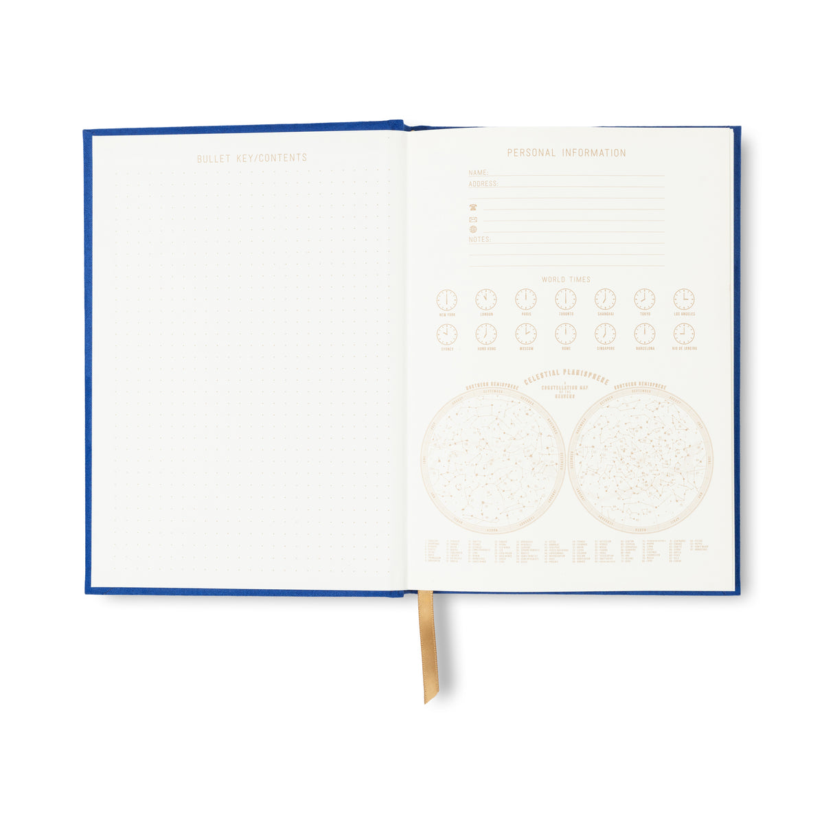 The Radiant Journal - Cobalt features 160 lined pages, a dotted contents page, personal info section, moon phases, constellation diagrams, gold ribbon bookmark, cobalt suede cloth cover, and a lay-flat sewn binding.