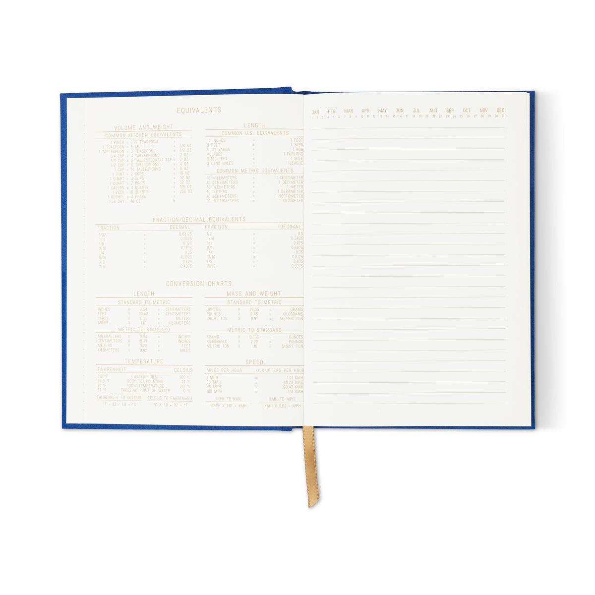 The Radiant Journal - Cobalt features cobalt suede cloth, lay-flat sewn binding, a gold ribbon bookmark, conversion charts on the left page, and lined notes on the right, all set against a white background.