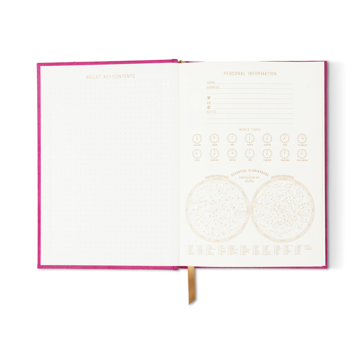 The Radiant Journal - Fuchsia opens to two pages: the left is dotted, and the right has sections for personal info, world clocks, hemispherical maps, and a chart of world cities.