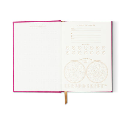 The Radiant Journal - Fuchsia opens to two pages: the left is dotted, and the right has sections for personal info, world clocks, hemispherical maps, and a chart of world cities.