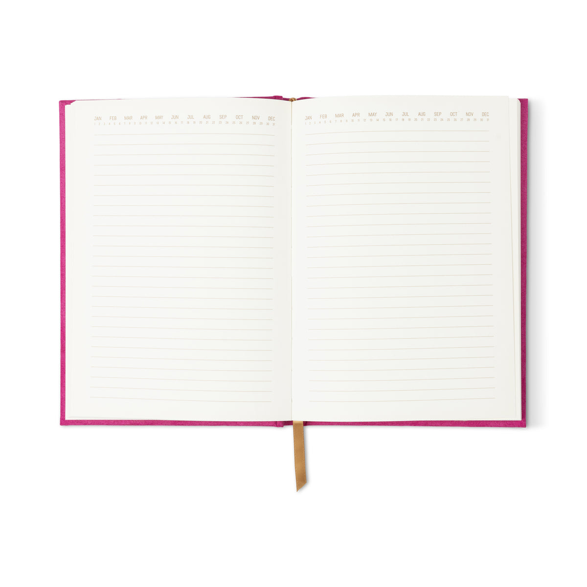 The Radiant Journal - Fuchsia is an open suede journal with a pink cover, lined pages featuring decorative top-margin numbers, and a gold ribbon bookmark in the center.