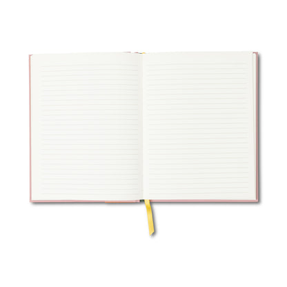 The A Dopo Snake Journal, featuring lay-flat binding, blank pages, and a yellow ribbon bookmark, is displayed open on a white background.