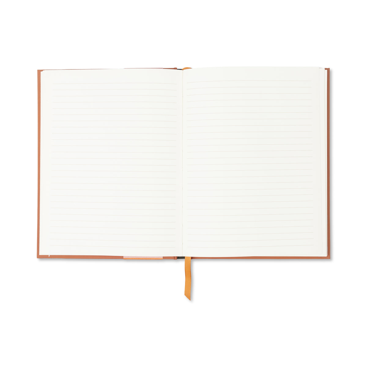 An open A Dopo Tiger Journal with lay-flat binding, a brown cover, and an orange ribbon bookmark rests on a white surface. Its lined pages are blank and ready for documenting your Mediterranean journeys.