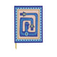 A Dopo Eye Journal - 6 X 7.75: A blue journal with imaginative Mediterranean-inspired designs featuring stylized hamsa hands, an eye, and leaf motifs, bordered by blue eyes and finished with a yellow ribbon bookmark.