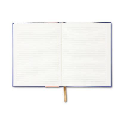 The A Dopo Eye Journal features an open lined notebook with a blue cover, blank lay-flat pages, and a yellow ribbon bookmark on plain white background—a thoughtful gift for thinkers or anyone seeking an elegant journal.