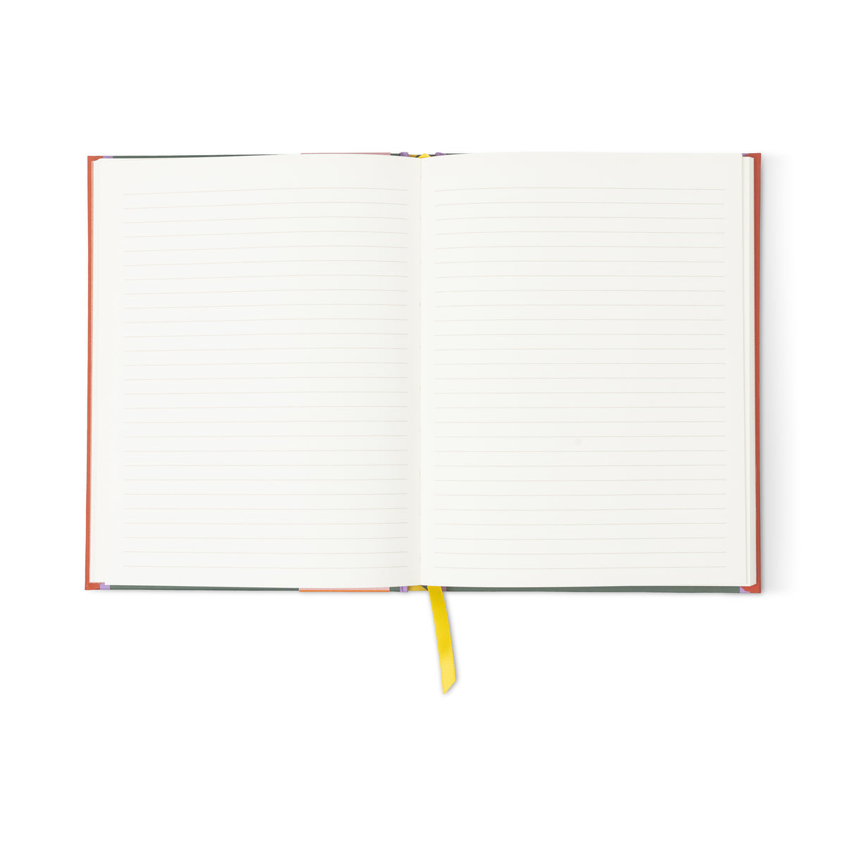 An open A Dopo Monkey Journal with blank white pages and a yellow ribbon bookmark, viewed from above on a white background—ideal for use as a travel journal or personal notebook.