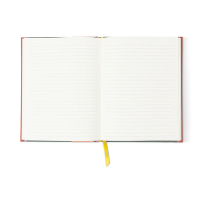 An open A Dopo Monkey Journal with blank white pages and a yellow ribbon bookmark, viewed from above on a white background—ideal for use as a travel journal or personal notebook.