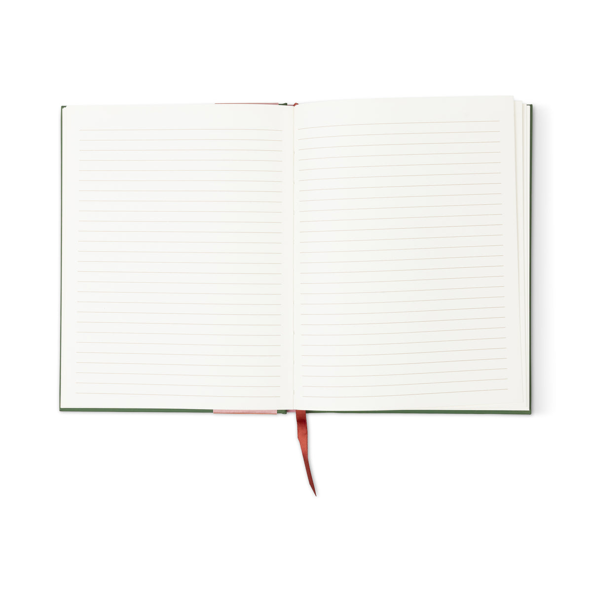 An A Dopo Tomato Journal with lined white pages and a red ribbon bookmark, seen from above on a white background. The blank pages are ready for writing—an ideal gift for writers.