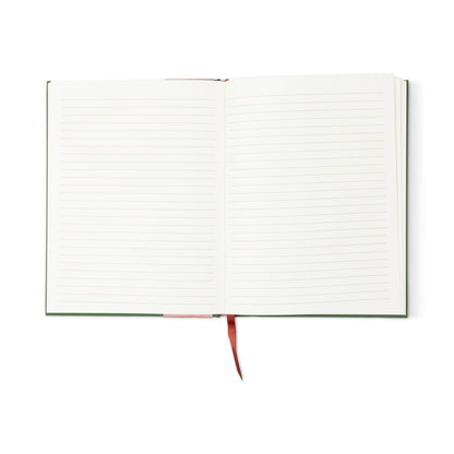 An A Dopo Tomato Journal with lined white pages and a red ribbon bookmark, seen from above on a white background. The blank pages are ready for writing—an ideal gift for writers.