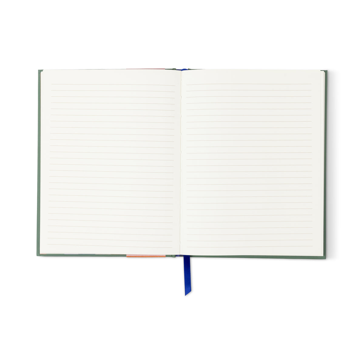 An A Dopo Peacock Journal with a soft-touch cover, blank lined lay-flat pages, and a blue ribbon bookmark is shown from above on a white background.
