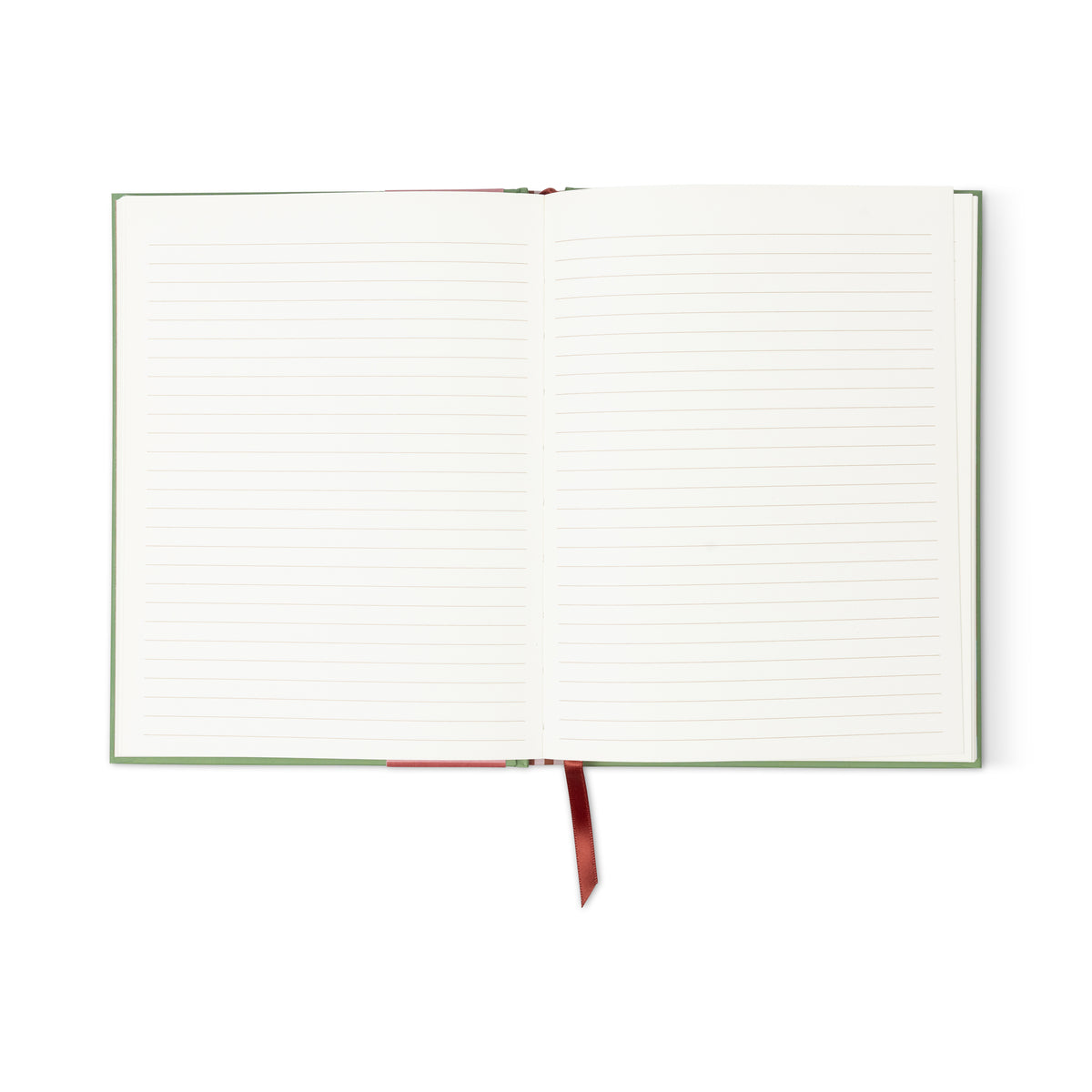 The A Dopo Elephant Journal is an open eco-friendly notebook with lined white pages, a green cover, and a red ribbon bookmark, photographed lying flat on a white background.