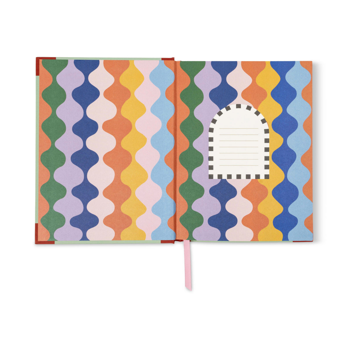 Colorful patterned notebook with a pink ribbon on a white background