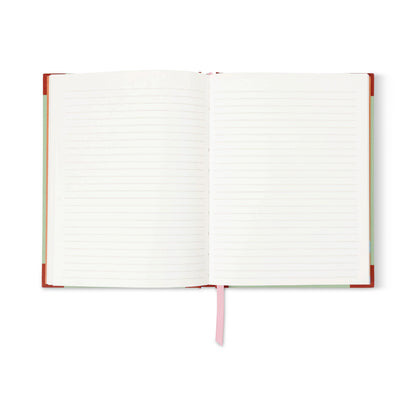 The A Dopo Mermaid & Moon Journal is an open, eco-friendly notebook featuring lined white pages and a pink ribbon bookmark, shown from above on a white background.