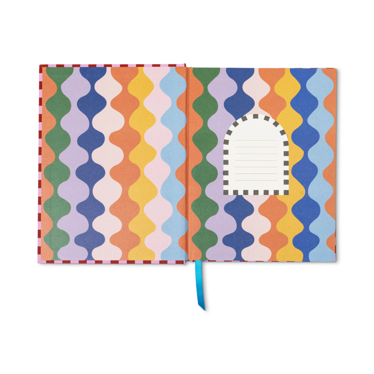 Open the A Dopo Fish Journal—an eco-friendly notebook with vibrant wavy patterns on every page, a convenient blue ribbon bookmark, lay-flat binding for effortless writing, and an arched label with lined space for notes on the right-hand page.