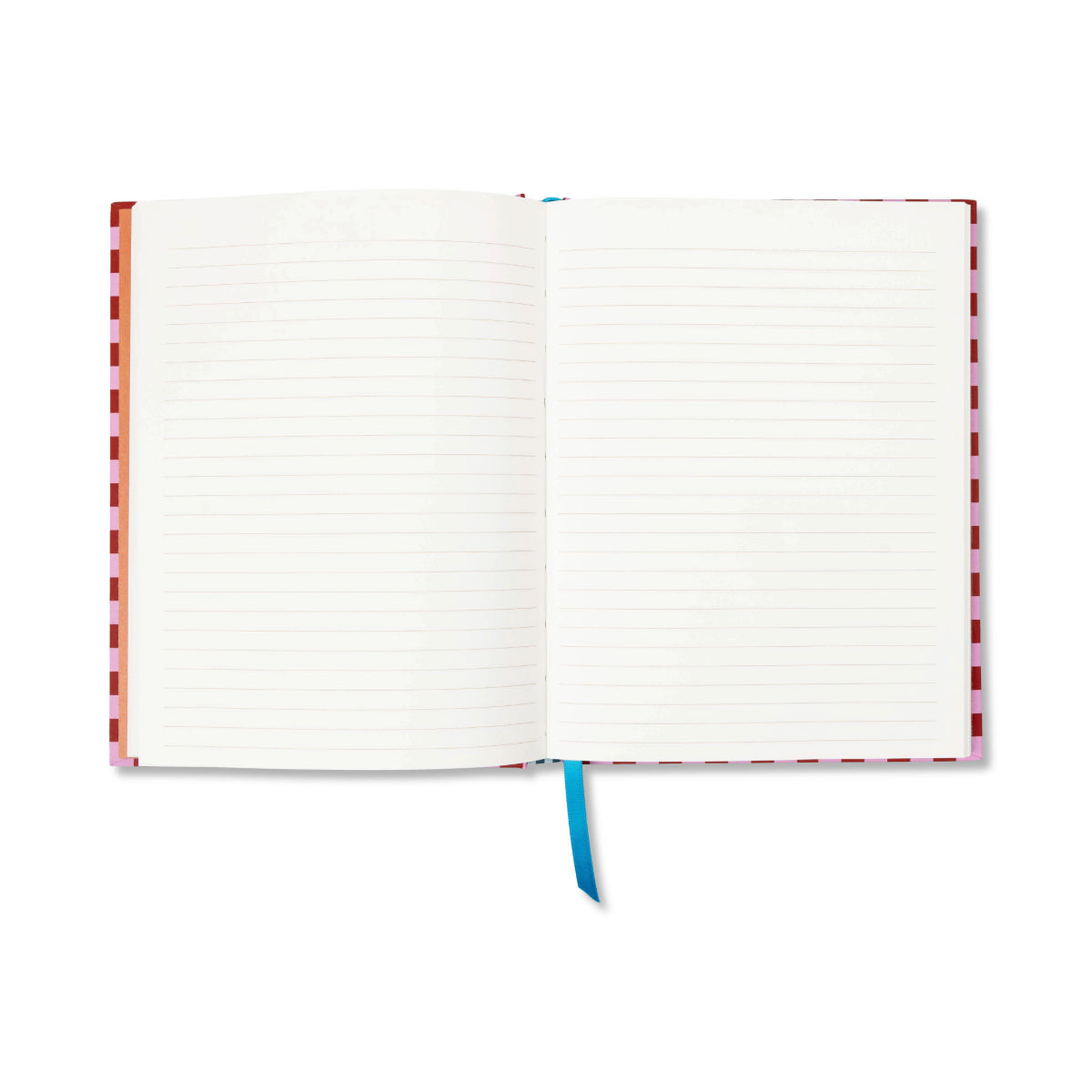 The A Dopo Fish Journal, an eco-friendly notebook with a red and white checkered cover, blue ribbon bookmark, and lay-flat binding, lies open on a white background.