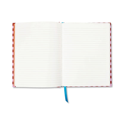 The A Dopo Fish Journal, an eco-friendly notebook with a red and white checkered cover, blue ribbon bookmark, and lay-flat binding, lies open on a white background.