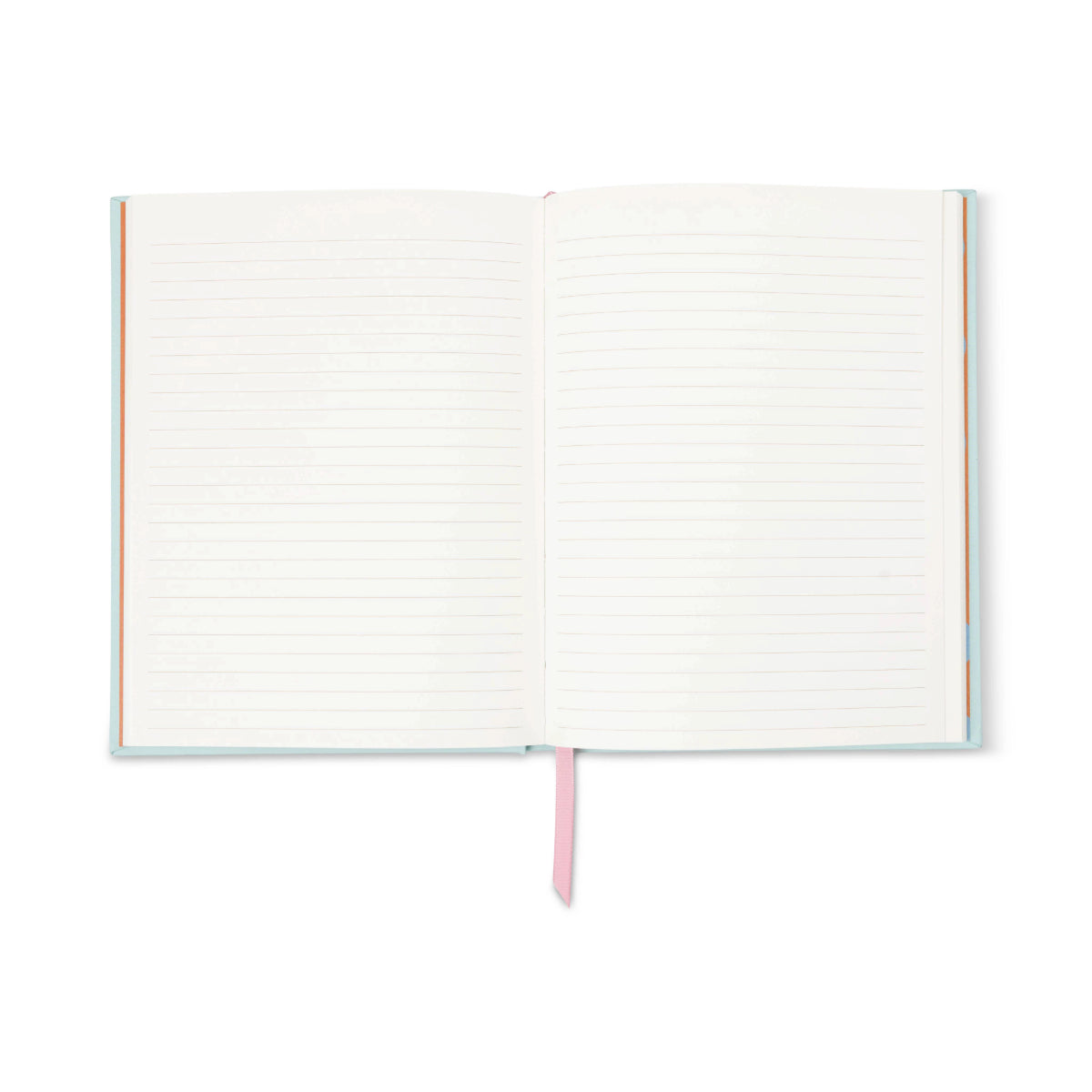 The A Dopo Blue Cheetah Journal, an open lined journal with blank pages, a pink ribbon bookmark, and lay-flat binding, is viewed from above on a white background.