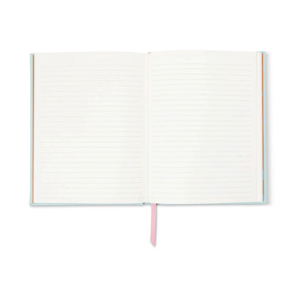 The A Dopo Blue Cheetah Journal, an open lined journal with blank pages, a pink ribbon bookmark, and lay-flat binding, is viewed from above on a white background.