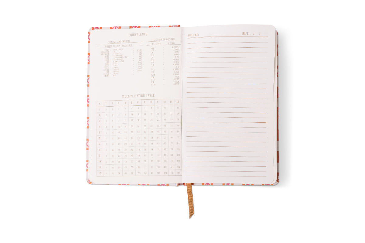 The Tulip Journal - Orange Check opens to reveal a conversion chart, multiplication table, lined pages with subject and date sections, plus a ribbon bookmark and patterned cover—perfect as a vibrant writing journal.