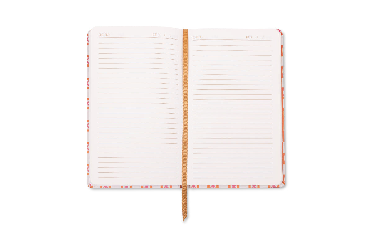 The Tulip Journal - Orange Check features a patterned cover, two blank open pages, and a brown ribbon bookmark placed vertically in the center.