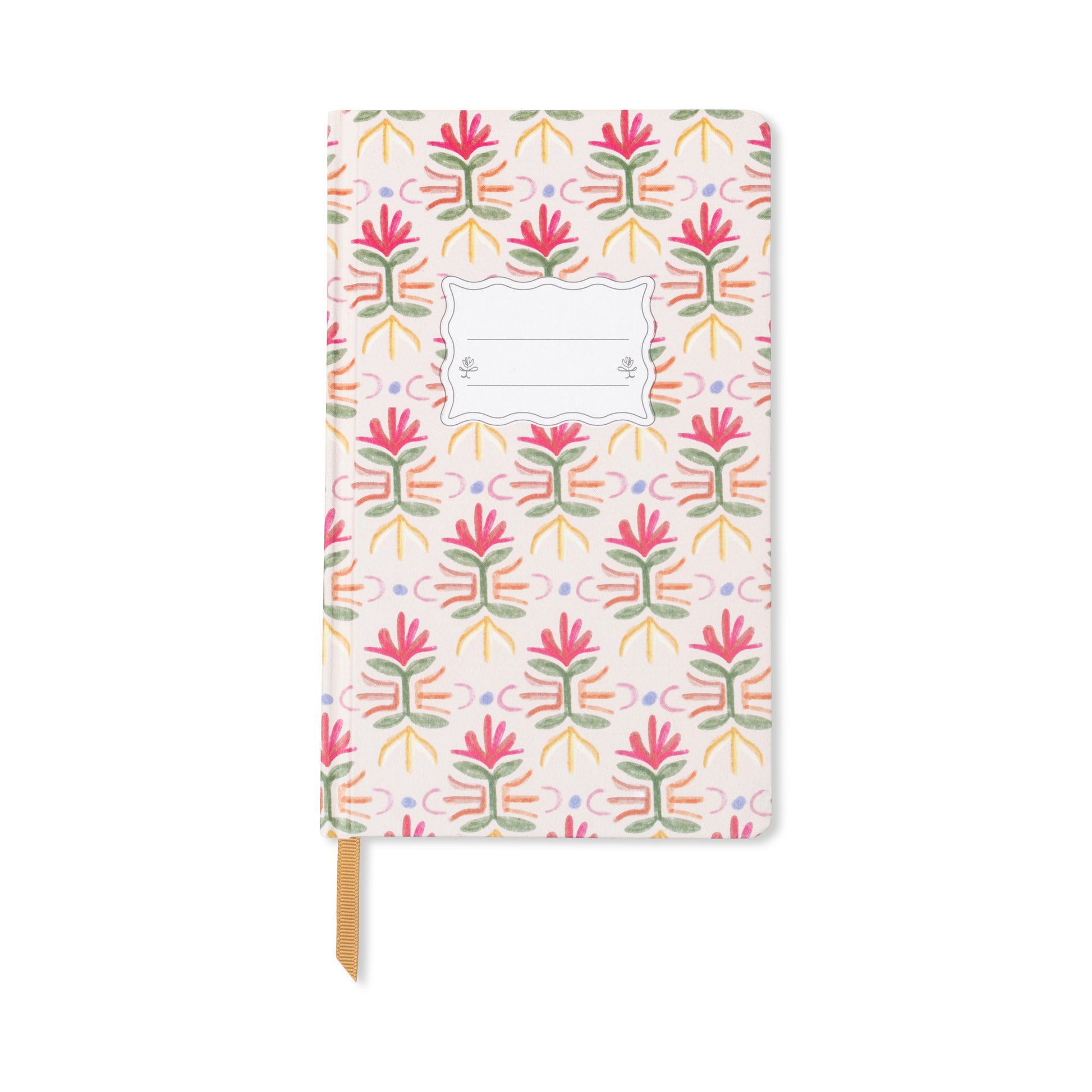 The Tulip Journal - Tropical features a pink, green, and orange botanical cover, a central rectangular label area, and a gold ribbon bookmark—perfect for capturing your thoughts in style.
