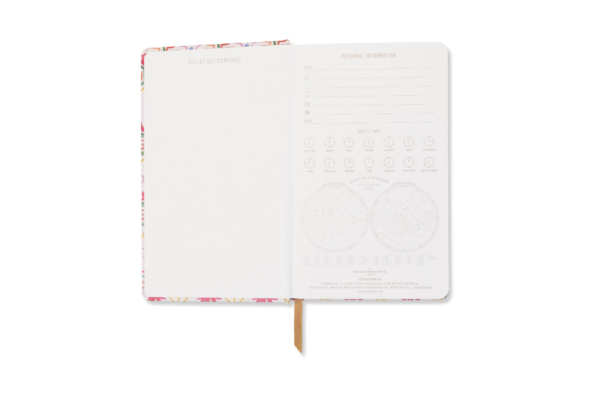 The Tulip Journal - Tropical features an open floral cover, a dotted left page labeled "Bullet Key/Contents," and a right page titled "Personal Information" with charts, writing spaces, and a ribbon bookmark.