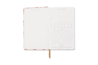 The Tulip Journal - Tropical features an open floral cover, a dotted left page labeled "Bullet Key/Contents," and a right page titled "Personal Information" with charts, writing spaces, and a ribbon bookmark.