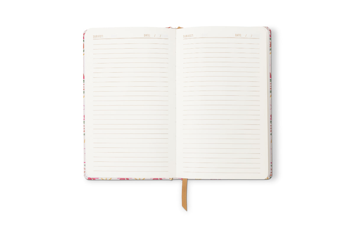 The Tulip Journal - Tropical features an open lined floral design, with two visible pages for “Subject” and “Date,” plus a gold ribbon bookmark. Its charming botanical cover captures tropical inspiration, making it perfect for capturing your thoughts.