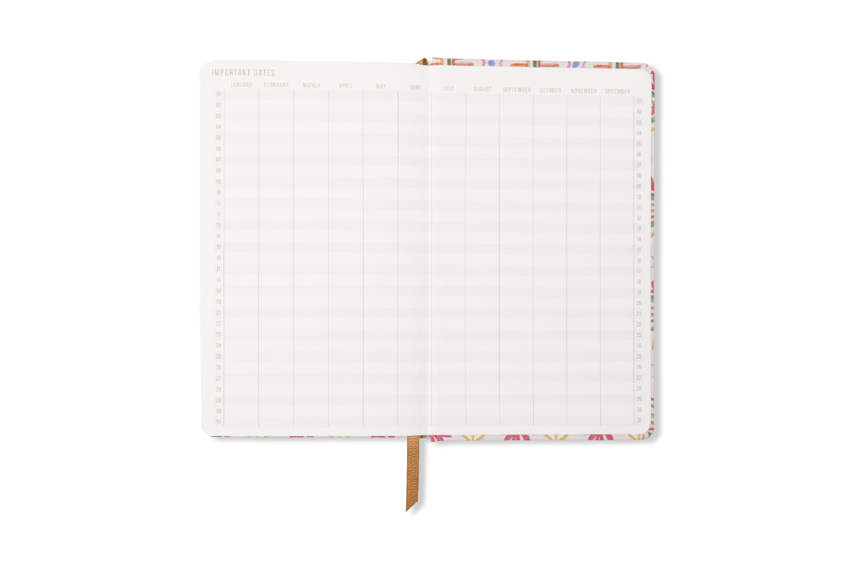 The Tulip Journal - Tropical is an open floral notebook with two blank, grid-layout pages for monthly date tracking, a ribbon bookmark, and a patterned border.