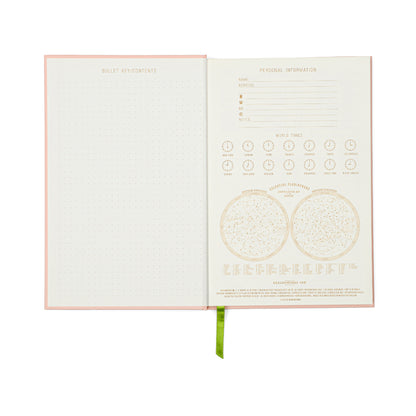Open notebook features a dotted left page and a right page with sections for personal information, writing times, and two zodiac charts—ideal for fans of the Vintage Sass Journal - Froget About It. A green ribbon bookmark adds a retro touch to this charming journal.
