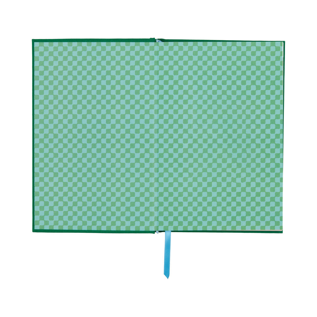 The Pardon Me Journal showcases open green and light blue checkered endpapers and a blue ribbon bookmark, blending vintage charm with timeless style—perfect for capturing your thoughts.