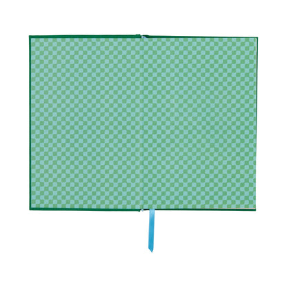 The Pardon Me Journal showcases open green and light blue checkered endpapers and a blue ribbon bookmark, blending vintage charm with timeless style—perfect for capturing your thoughts.