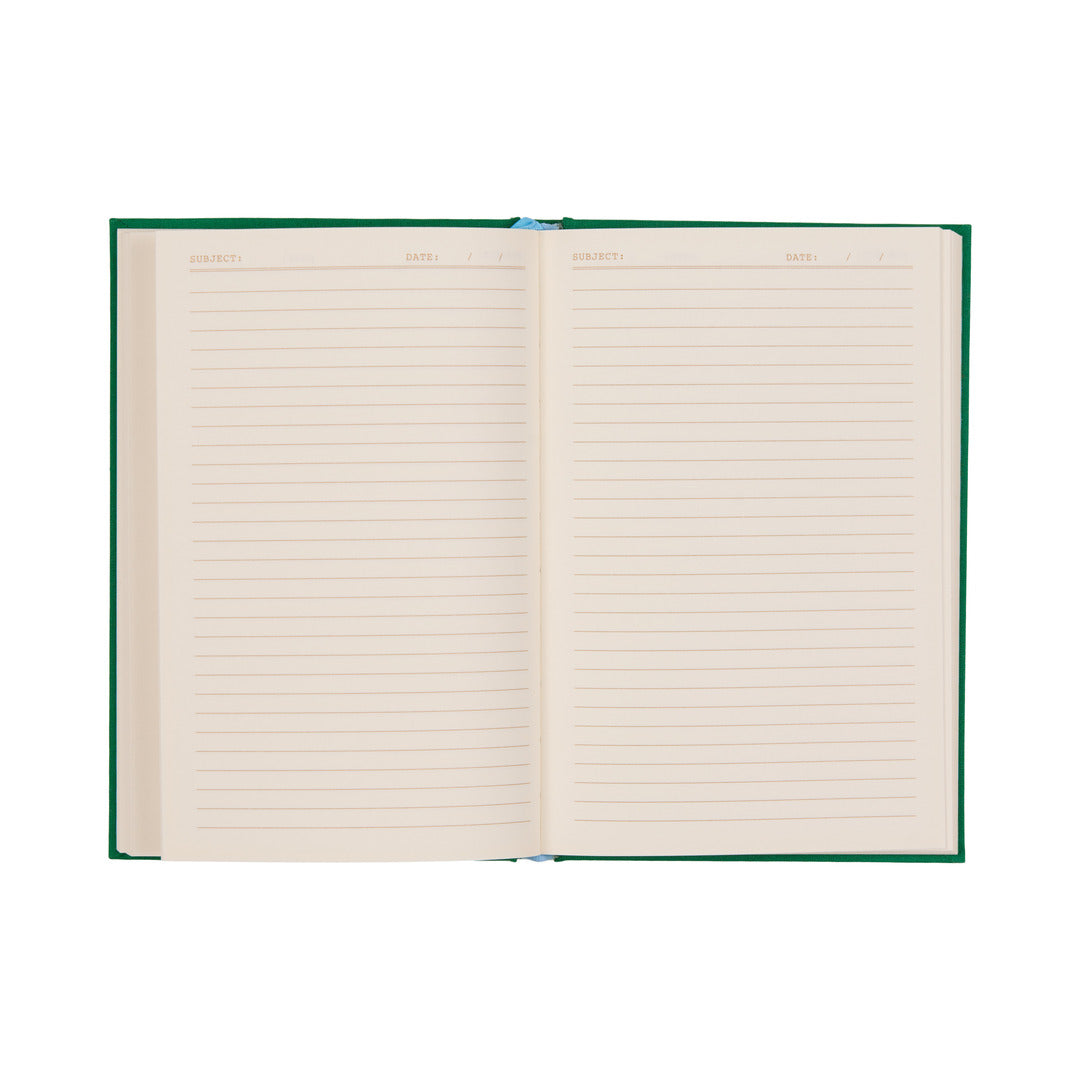 The Pardon Me Journal features an open bookcloth cover and lined pages, each headed with SUBJECT and DATE. Its lay-flat binding ensures the vintage-inspired pages are always ready for effortless writing.