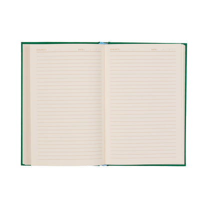 The Pardon Me Journal features an open bookcloth cover and lined pages, each headed with SUBJECT and DATE. Its lay-flat binding ensures the vintage-inspired pages are always ready for effortless writing.
