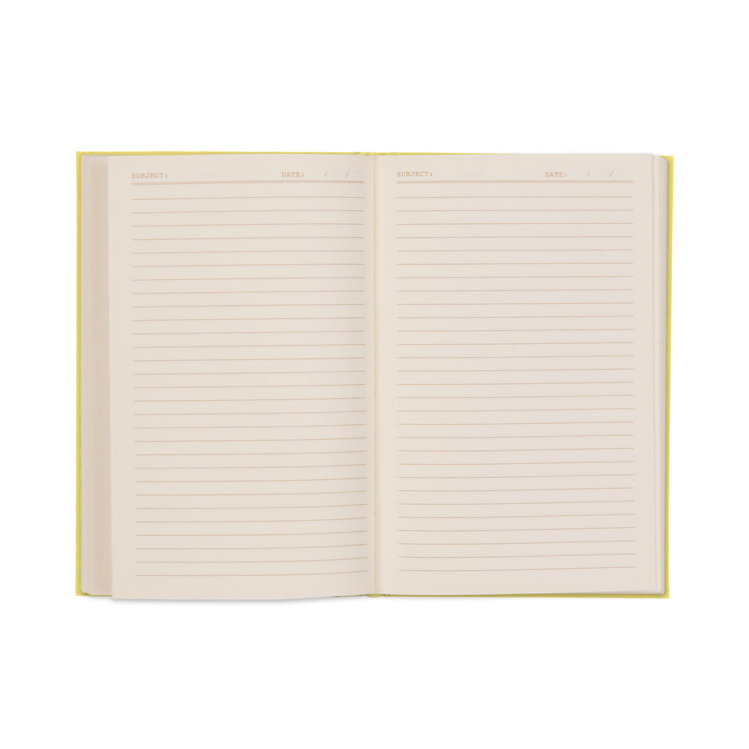 The How To Trick People Journal features an open design with lined, cream-colored pages and a yellow bookcloth cover. Each page includes SUBJECT and DATE fields at the top, making it ideal as a vintage-inspired book journal. Its lay-flat binding ensures easy writing on every page.