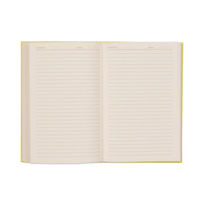 The How To Trick People Journal features an open design with lined, cream-colored pages and a yellow bookcloth cover. Each page includes SUBJECT and DATE fields at the top, making it ideal as a vintage-inspired book journal. Its lay-flat binding ensures easy writing on every page.