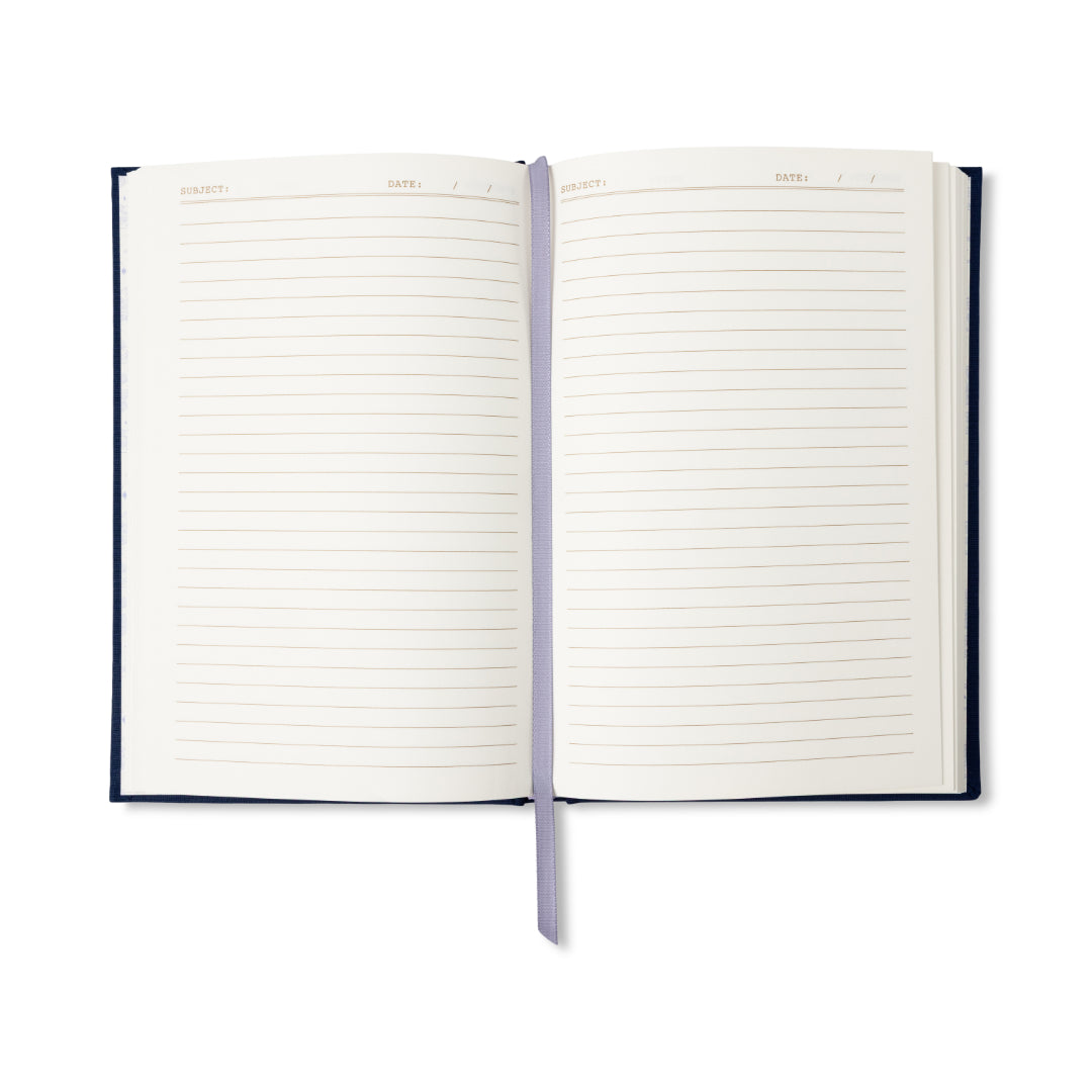 Introducing The Art of Doing Nothing Journal—an open, book-inspired journal featuring lined pages, a purple ribbon bookmark, and designated spaces for Subject and Date at the top of each page. This premium writing journal rests elegantly on a white background.