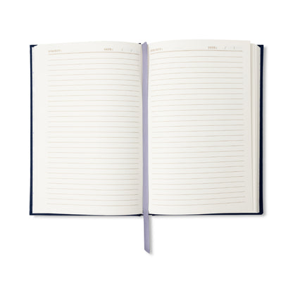 Introducing The Art of Doing Nothing Journal—an open, book-inspired journal featuring lined pages, a purple ribbon bookmark, and designated spaces for Subject and Date at the top of each page. This premium writing journal rests elegantly on a white background.