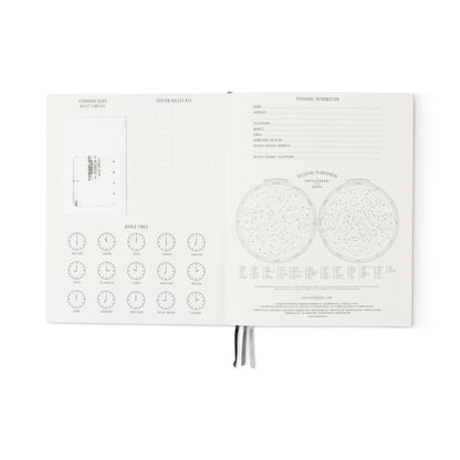 The Standard Issue Planner Notebook No. 03 - Rosewood + Blush features a minimalist black-on-white layout with rosewood blush accents, sections for personal info, world clocks, celestial map, custom bullet key, and a convenient card slot.