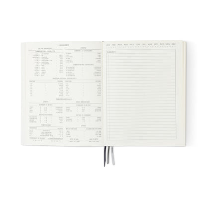 The Standard Issue Planner Notebook No. 03 - Rosewood + Blush opens to show measurement conversions and charts on the left, lined notes with a months-of-the-year header on the right, and features two gray ribbon bookmarks in a rosewood blush finish.