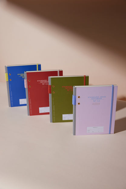 The Standard Issue Planner Notebook No. 03 - Lavender + Periwinkle stands upright on a light beige surface, featuring colorful covers and lined pages for all your planner notebook needs.