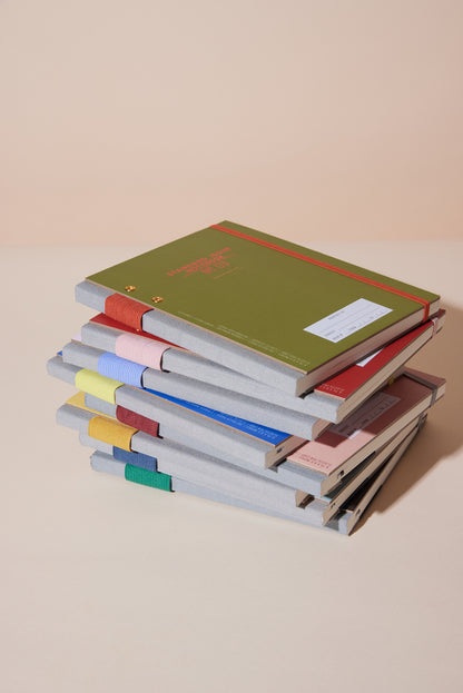 A stack of colorful hardcover notebooks with gray spines, including the Standard Issue Planner Notebook No. 03 - Green, is displayed on a beige surface. The notebooks feature varied cover colors, lined pages, and ribbon bookmarks.