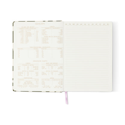 The Bookcloth Jumbo Journal- Love is Love from Jumbo Journals features measurement conversion charts on the left page, lined pages with a date at the top on the right, and includes a visible purple ribbon bookmark.