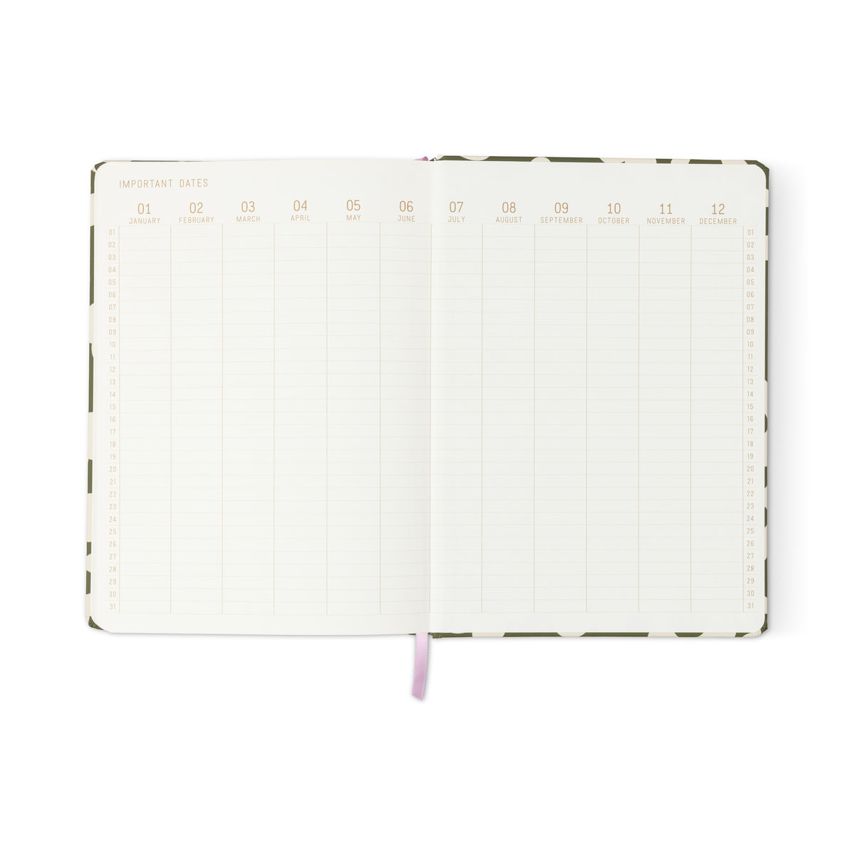 The Soft Touch Jumbo Journal - Bold Stripe displays a two-page monthly columns spread labeled January to December, with rows for important dates. This oversized notebook features a ribbon bookmark and a bold striped patterned cover edge.