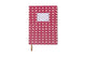 The Tulip Jumbo Journal - Pinwheel Pink features a repeating red geometric pattern, a white front label, and a brown ribbon bookmark. This floral-inspired journal stands out on a crisp white background.