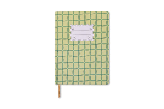 The Tulip Jumbo Journal - Green Lattice showcases a checkered pattern, blank white label, and brown ribbon bookmark. This botanical journal is presented against a white background.