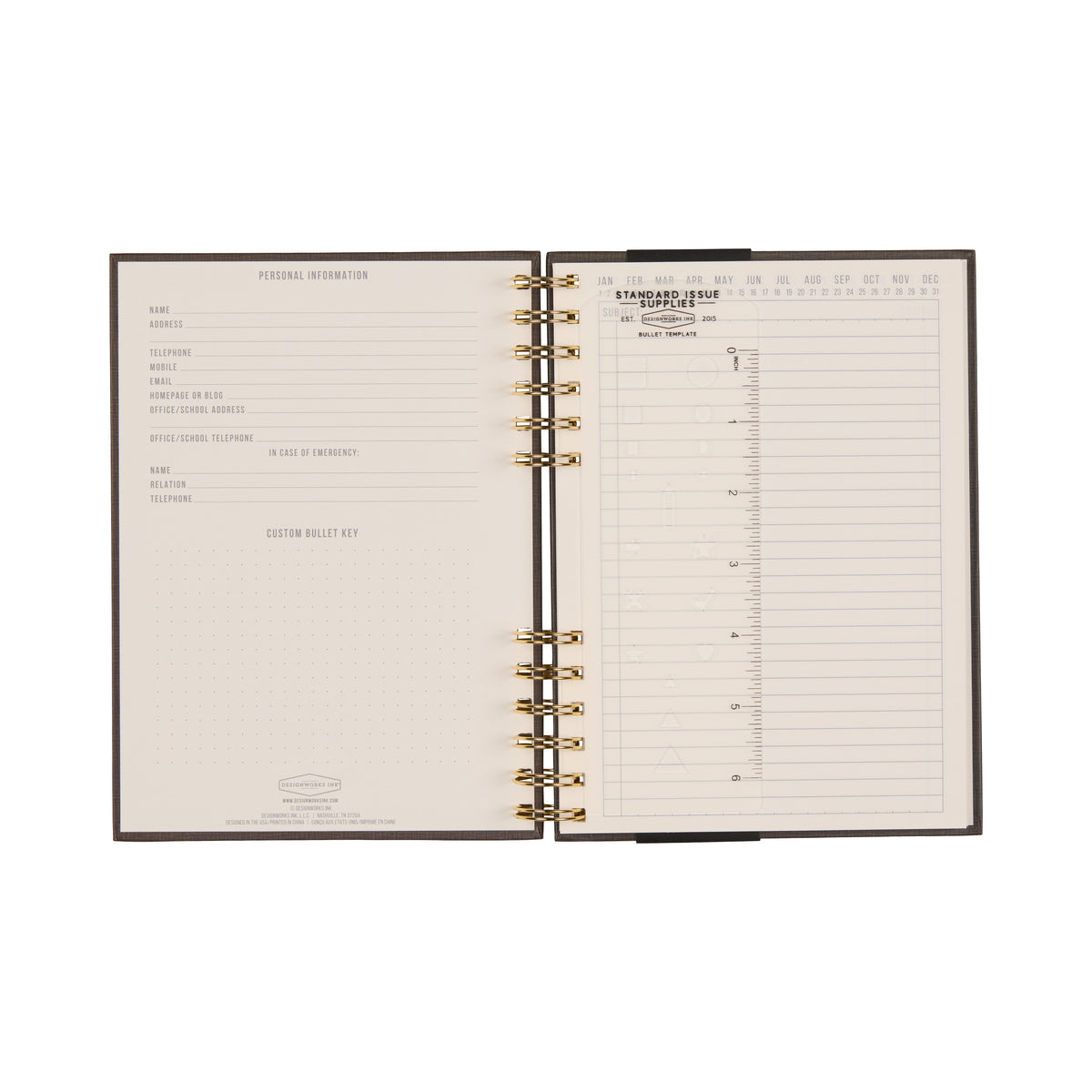 An open Standard Issue Notebook No.12 - Black, featuring high-quality construction, displays a personal information form on the left and a lined undated monthly calendar with columns for each day of the month on the right, offering a premium writing experience reminiscent of the renowned Standard Issue collection.