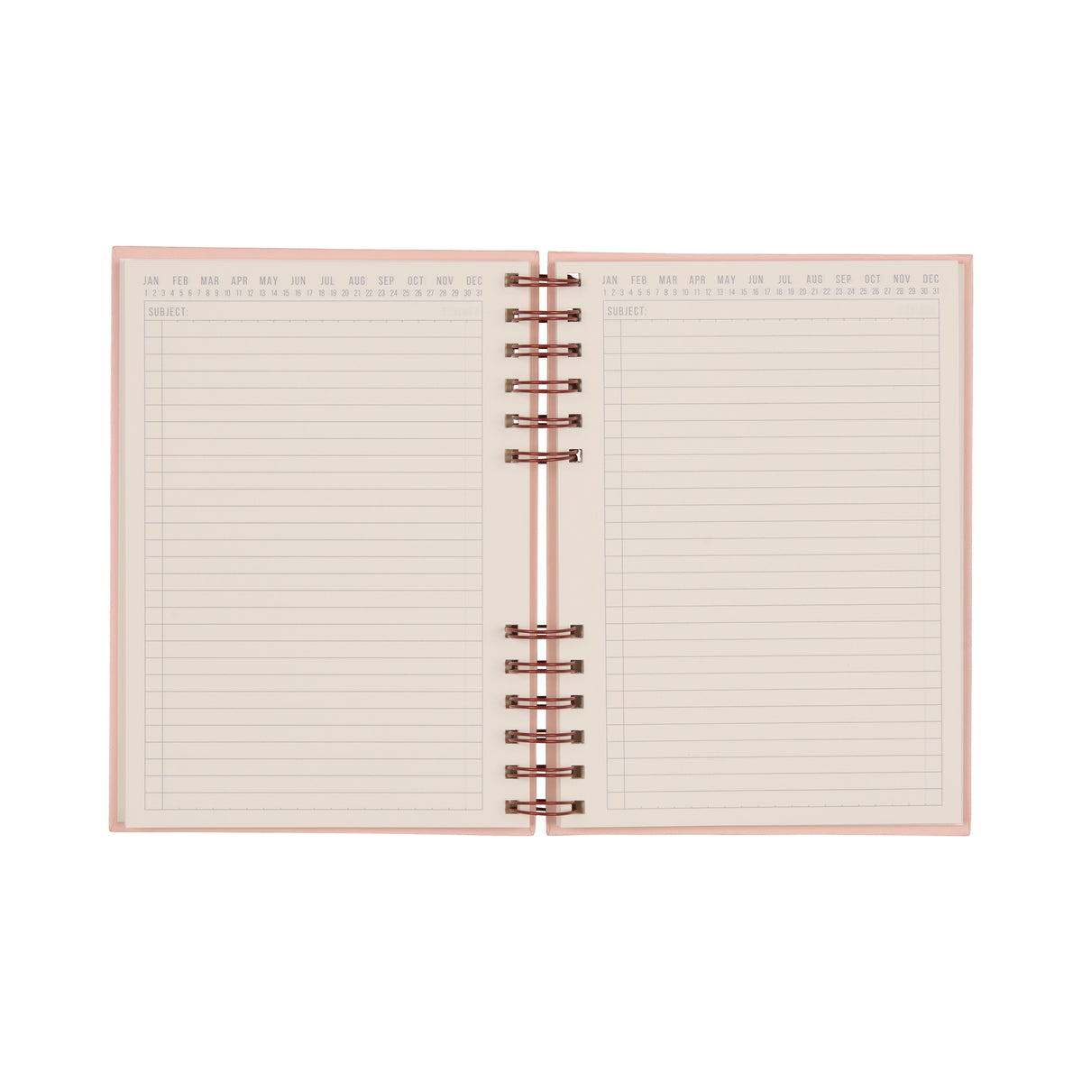 The Standard Issue Planner Notebook No. 12 - Rosewood + Blush is shown open from above on a white background, revealing its lined pages with pink edges and labeled months at the top of each page, highlighting its high-quality construction and premium writing experience.